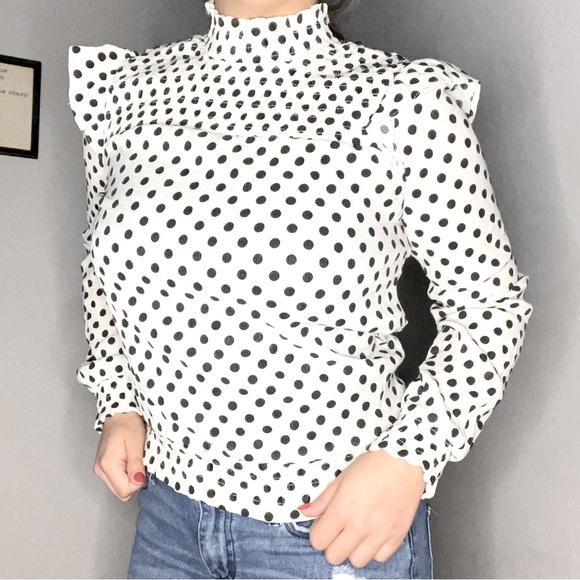 Polka Dot Ruffle Shoulder Blouse - Picture 2 of 8